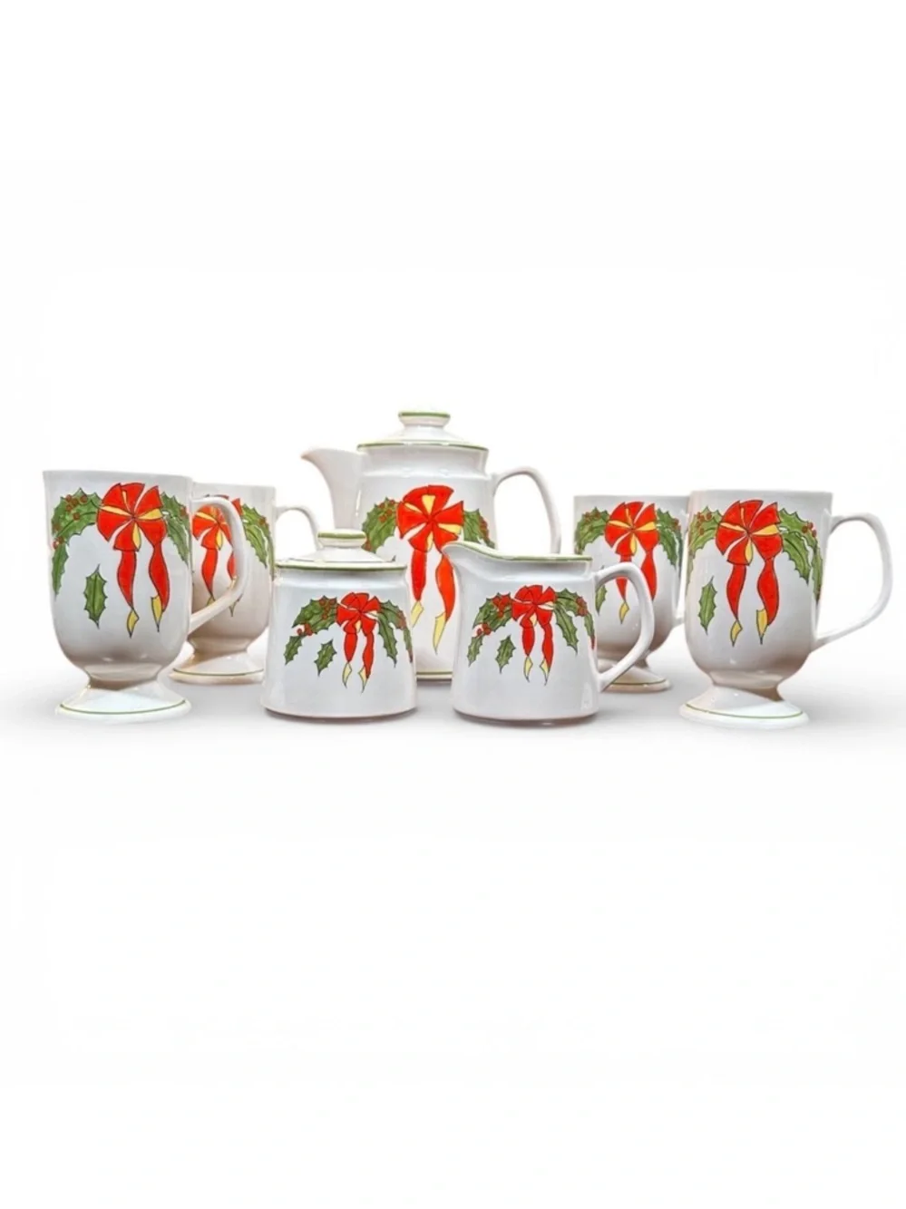 Vintage 1980s-1990s Christmas Holly Bow Ceramic Coffee & Mug Set w/ Original Box